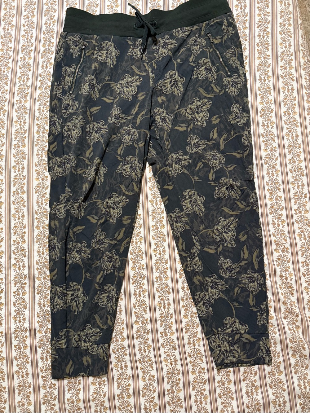Athleta Trekkie North Black Joggers with Olive Floral Print